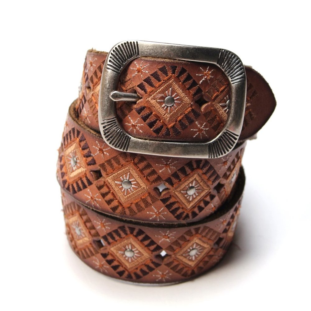 Lucky Brand Leather Belt Brown Gray Embroidery Silver Studs and Buckle